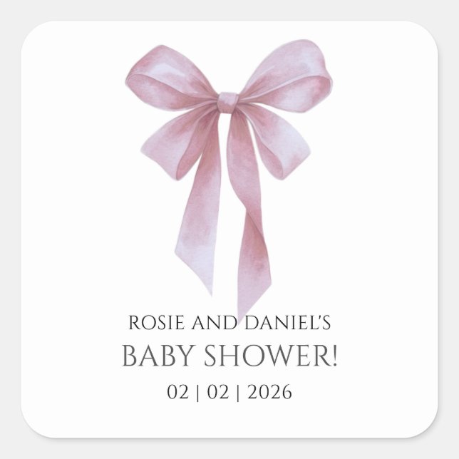 Soft Pink Bow Girl Baby Shower Square Sticker (Front)