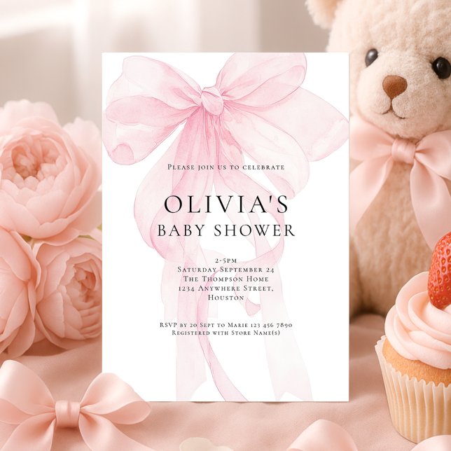 Soft Pink Bow Text Overlay Baby Shower Invitation (Creator Uploaded)