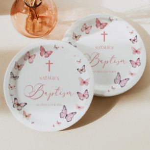 Soft Pink Butterfly Baptism Paper Plate