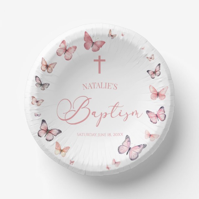 Soft Pink Butterfly Baptism Paper Plate (Front)