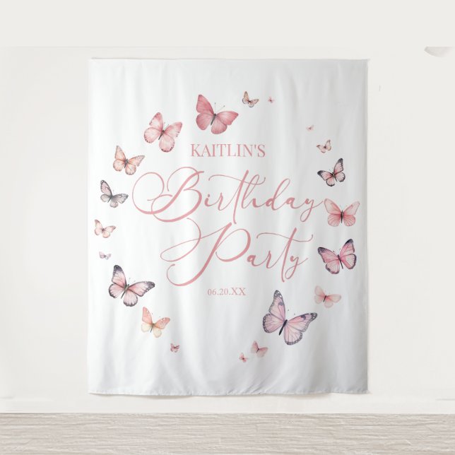 Soft Pink Butterfly Birthday Party Tapestry (Front)