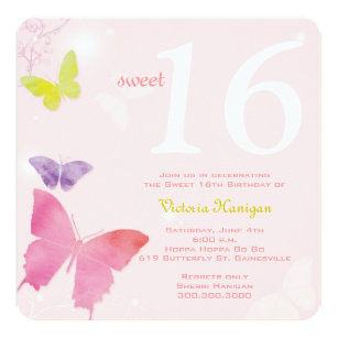 Soft Pink Butterfly Themed Sweet 16 Birthday Party Invitation