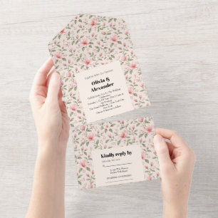 Soft Pink Cherry Blossom Floral Seamless Pattern All In One Invitation