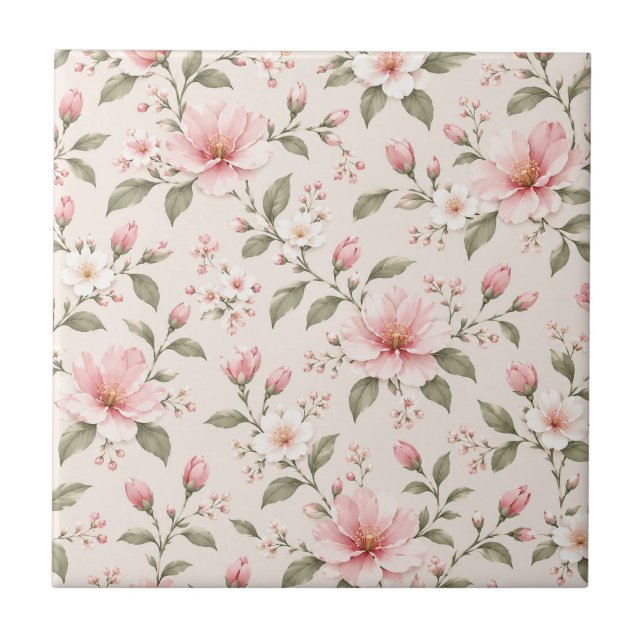Soft Pink Cherry Blossom Floral Seamless Pattern Ceramic Tile (Front)