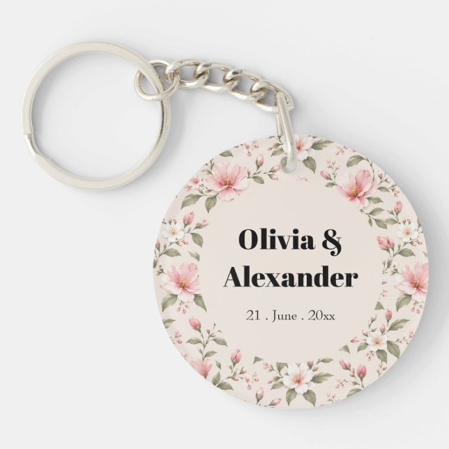 Soft Pink Cherry Blossom Floral Seamless Pattern Key Ring (Front)