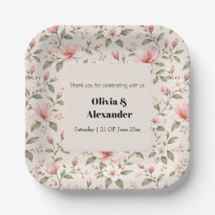 Soft Pink Cherry Blossom Floral Seamless Pattern Paper Plate