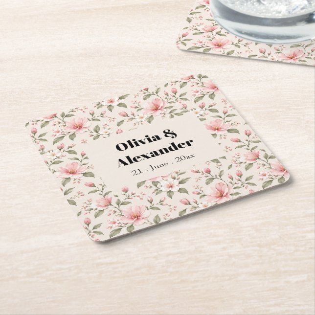 Soft Pink Cherry Blossom Floral Seamless Pattern Square Paper Coaster (Angled)