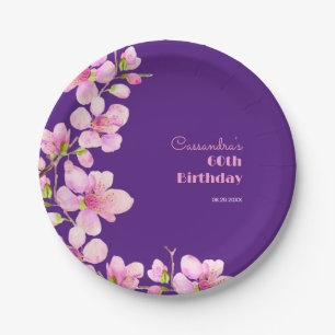 Soft Pink Cherry Blossom Sakura Purple Birthday Paper Plate