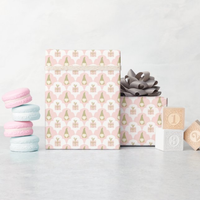 Soft Pink Christmas Gnomes Wrapping Paper Roll (Baby Shower)