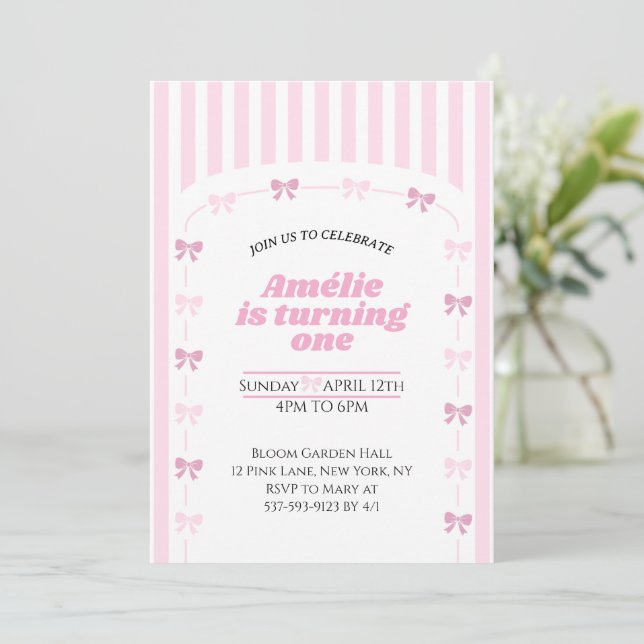 Soft Pink Coquette Bow Girl First Birthday  Invitation (Standing Front)