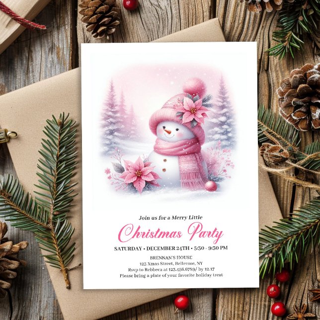 Soft Pink Coquette Snowman Digital Kids Christmas  Invitation (Soft Pink Coquette Snowman Digital Kids Christmas Invite)