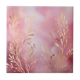 Soft Pink Coral Watercolor Art with Gold Accents Ceramic Tile