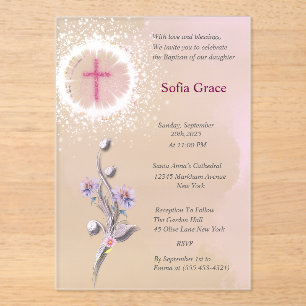 Soft Pink Cross & Floral Girl Baptism Invitat Inv Acrylic Invitations