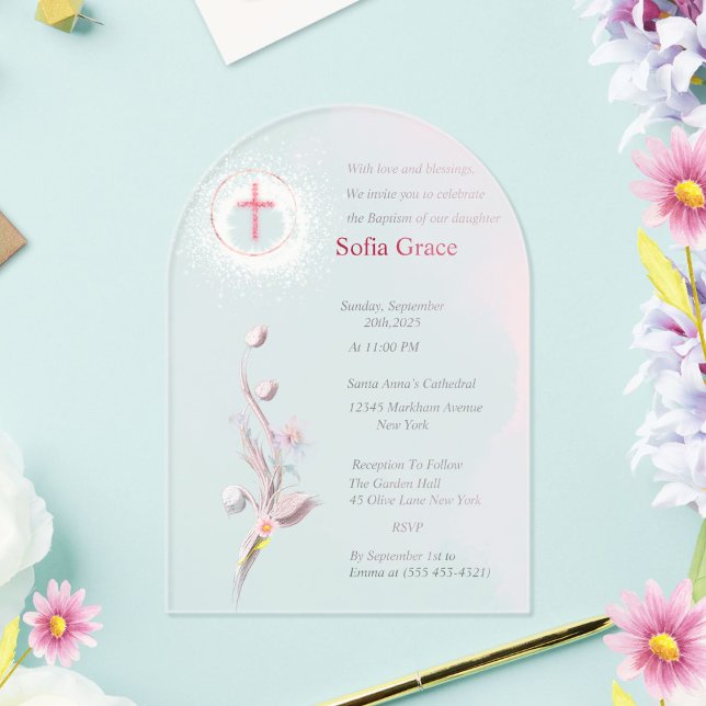 Soft Pink Cross & Floral  Girl Baptism Invitat Inv Acrylic Invitations (Creator Uploaded)