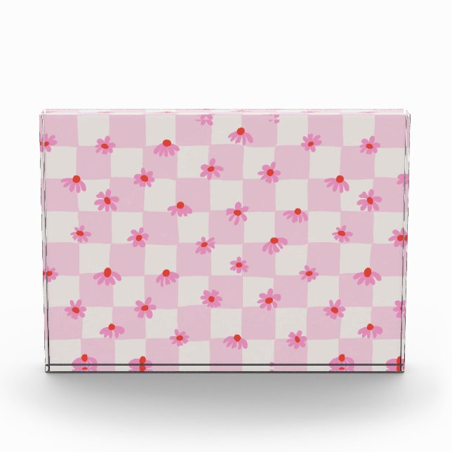 Soft Pink Daisy Checkerboard Floral Pattern Photo Block (Front)