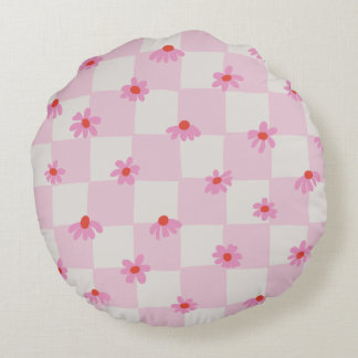 Soft Pink Daisy Chequerboard Floral Pattern Round Cushion