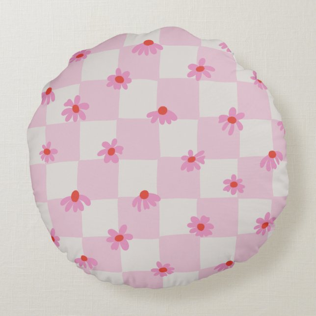 Soft Pink Daisy Chequerboard Floral Pattern Round Cushion (Back)