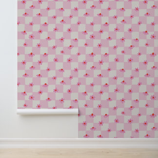 Soft Pink Daisy Chequerboard Floral Pattern Wallpaper