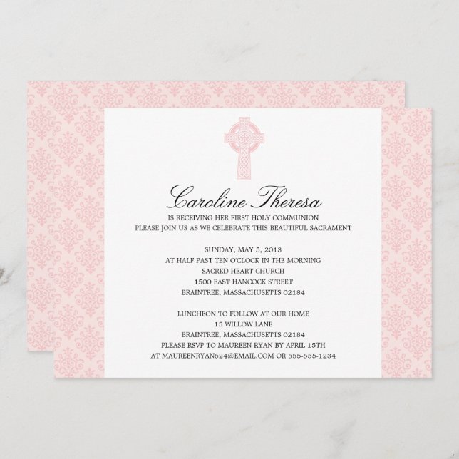 Soft Pink Damask Celtic Cross First Communion Invitation (Front/Back)
