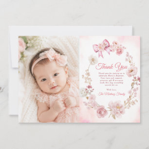 Soft Pink Dusty Rose Floral Cross Girl Baptism Thank You Card