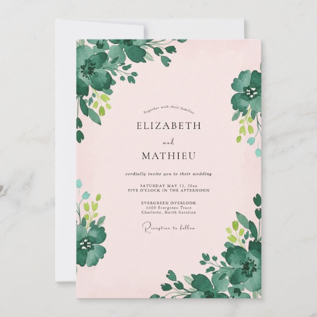 Soft Pink Emerald Floral Wedding Invitation (Front)