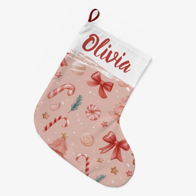 Soft Pink Festive Pattern Christmas Stocking (Front (Hanging))