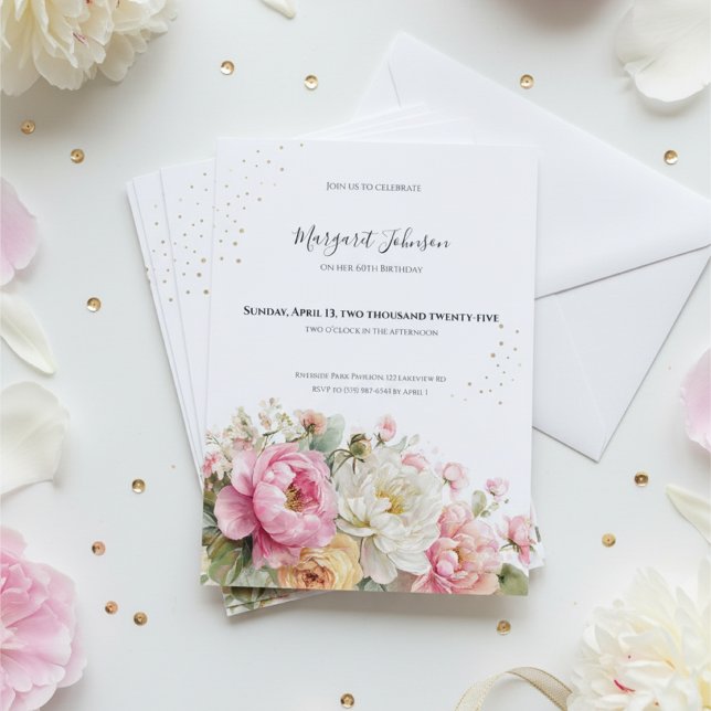 Soft Pink Floral 60th Birthday Invitation (Soft pink and white floral 60th birthday invitation with gold accents and elegant typography)