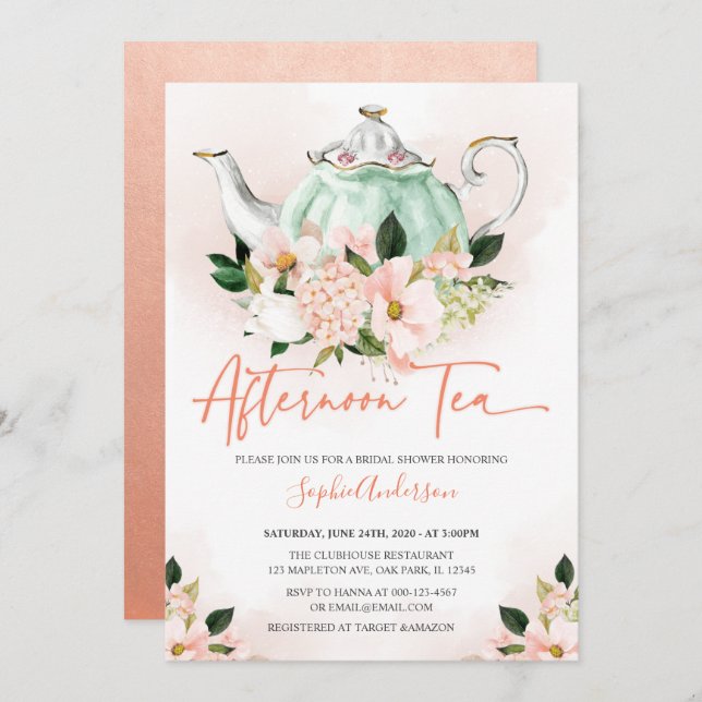 Soft Pink Floral Afternoon Tea Party Bridal Shower Invitation (Front/Back)