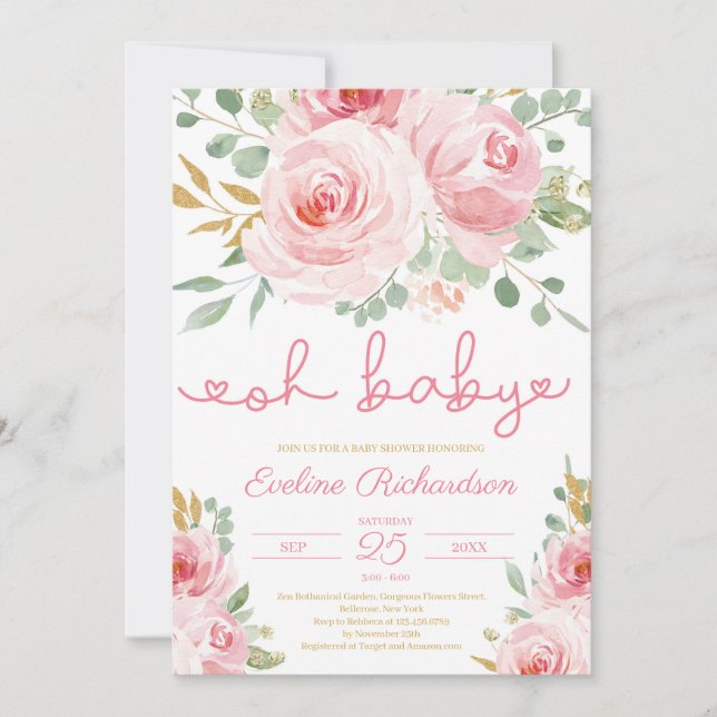 Soft pink floral and gold glitter oh baby shower invitation (Front)