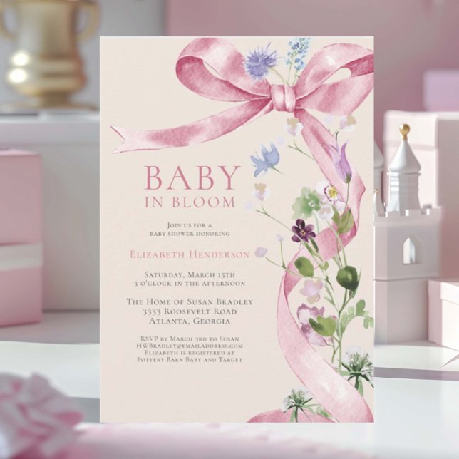 Soft Pink Floral Bow Wildflower Baby Shower Invitation (Creator Uploaded)