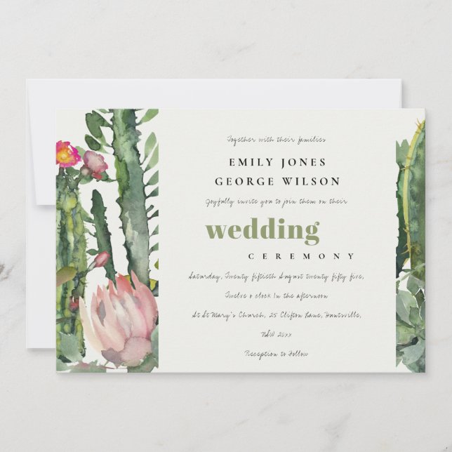 SOFT PINK FLORAL DESERT CACTI WATERCOLOR WEDDING INVITATION (Front)