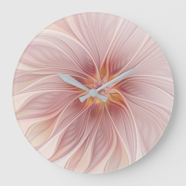 Soft Pink Floral Dream Abstract Fractal Art Flower Large Clock (Front)