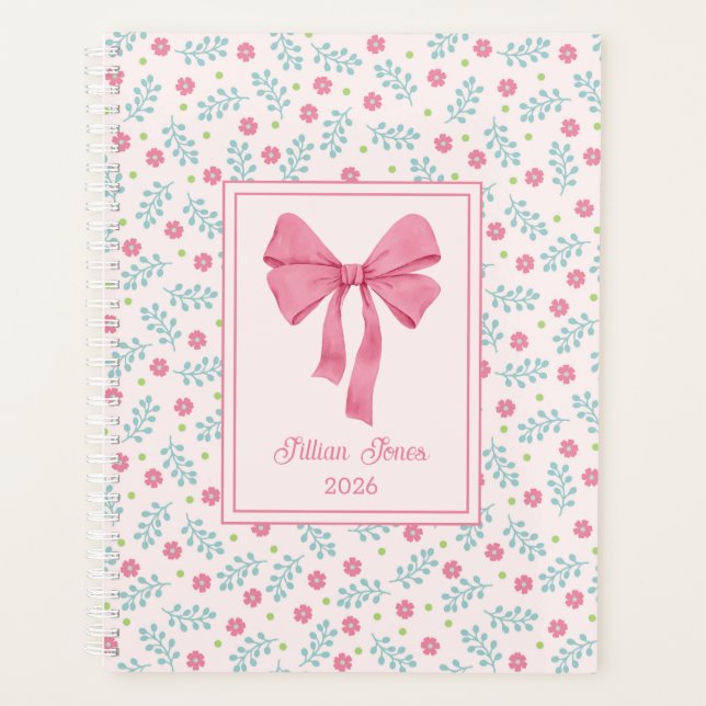 Soft Pink Floral Framed Pink Bow Custom Name Planner (Front)