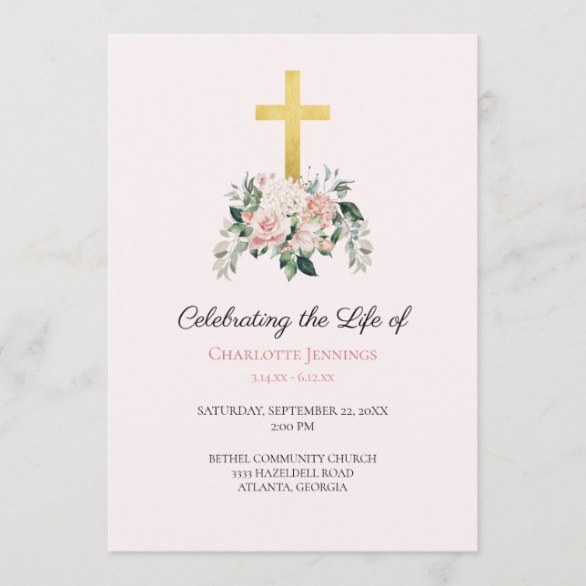 Soft Pink Floral Funeral Memorial Order of Service Program (Front)