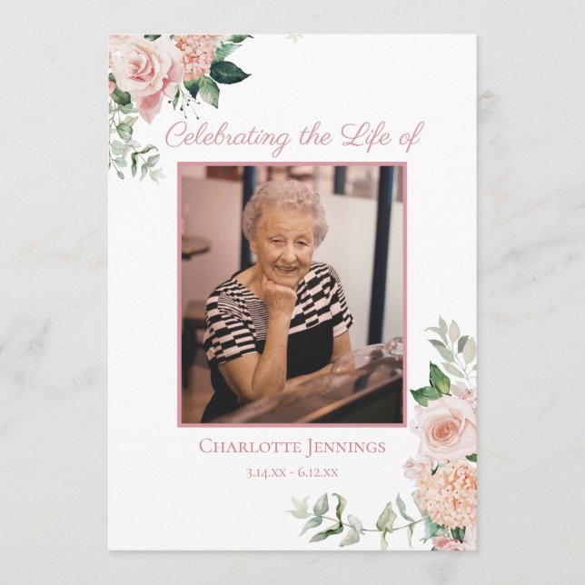 Soft Pink Floral Funeral Memorial Order of Service Program (Front)