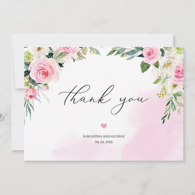 Soft pink floral greenery eucalyptus romantic boho thank you card (Front)