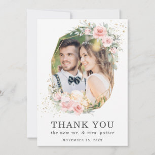 Soft Pink Floral Greenery Geometric Photo Wedding Thank You Card