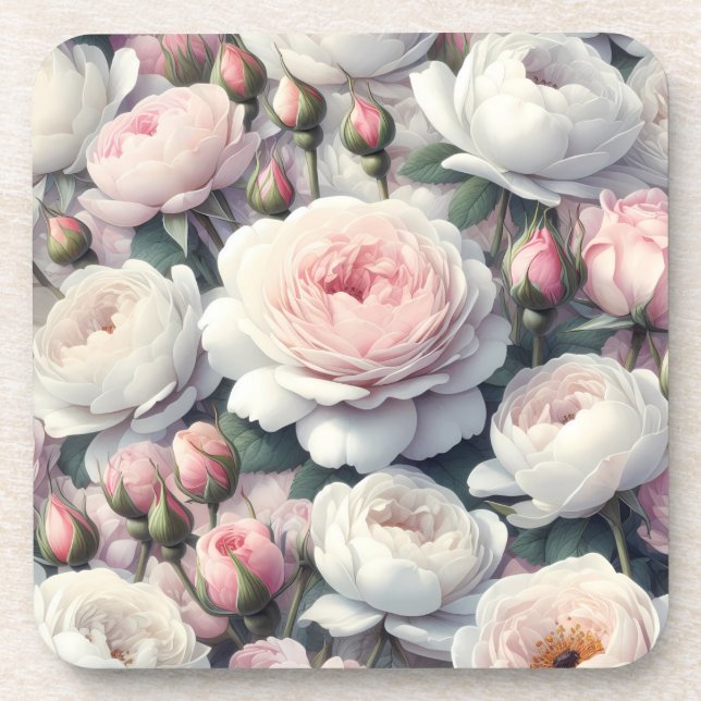 Soft Pink Floral Hard Plastic Coasters Cork Back (Front)