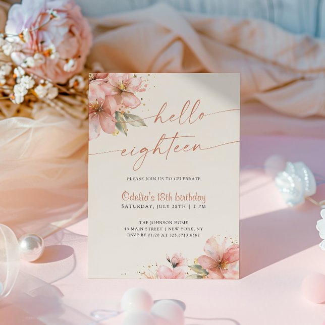 Soft Pink Floral Hello Eighteen 18th Birthday Invitation (Creator Uploaded)