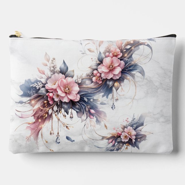 Soft Pink Floral Luxury Art with Gold Accents Accessory Pouch (Front)
