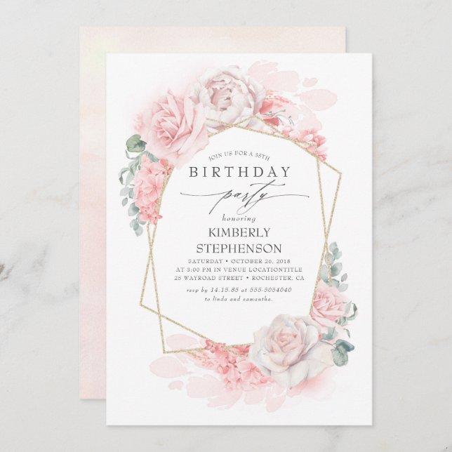 Soft Pink Floral Modern Birthday Party Invitation (Front/Back)