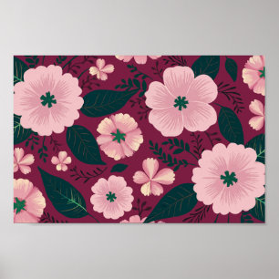 Soft Pink Floral on Deep Maroon Background Poster