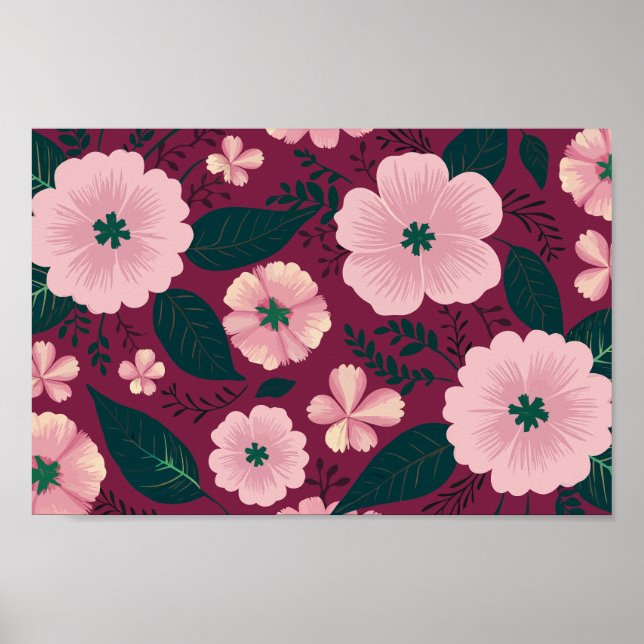 Soft Pink Floral on Deep Maroon Background Poster (Front)
