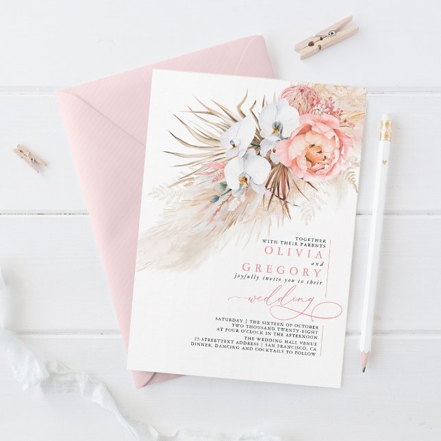 Soft Pink Floral Pampas Grass Tropical Wedding Invitation (Creator Uploaded)