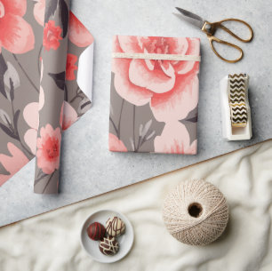 Soft Pink Floral Pattern on Elegant Grey Backgroun Wrapping Paper