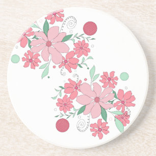 Soft Pink Floral Pattern with Mint Green Leaves Coaster