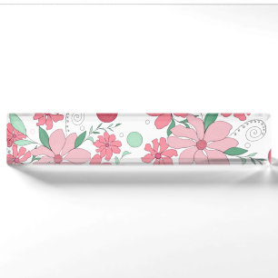 Soft Pink Floral Pattern with Mint Green Leaves Nameplate