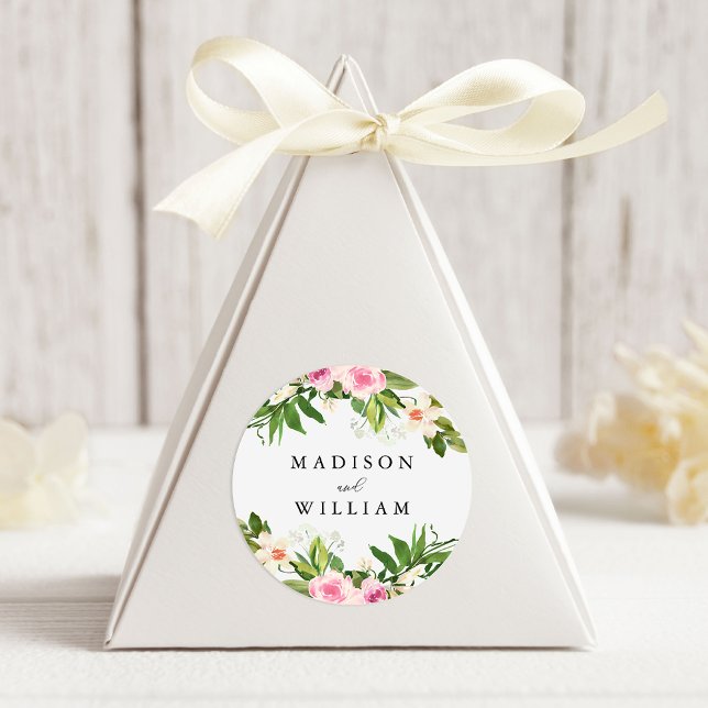 Soft Pink Floral Personalised Wedding Classic Round Sticker (Creator Uploaded)