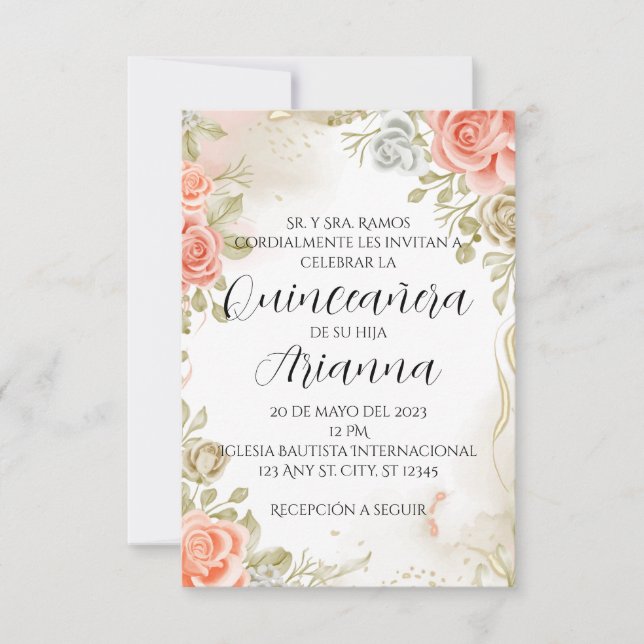 Soft Pink Floral Quinceañera Invitation/Wedding Invitation (Front)