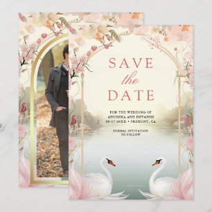 Soft Pink Floral Romantic Swans Indian Wedding Save The Date